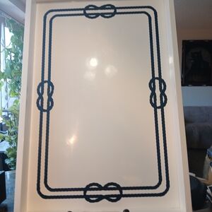 Williams Sonoma White Tray with Navy Blue Rope Border